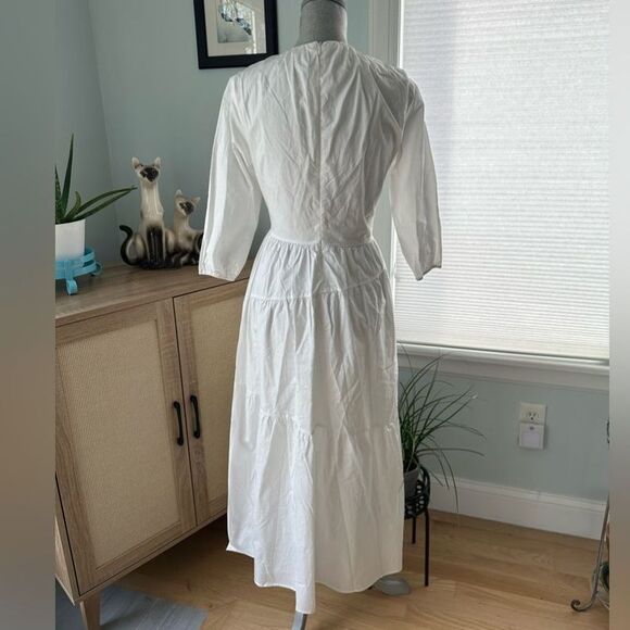 NWT Monn White Semi Sheer Asymmetric Tiered 3/4 sleeve Midi Dress size XS - Picture 3 of 8